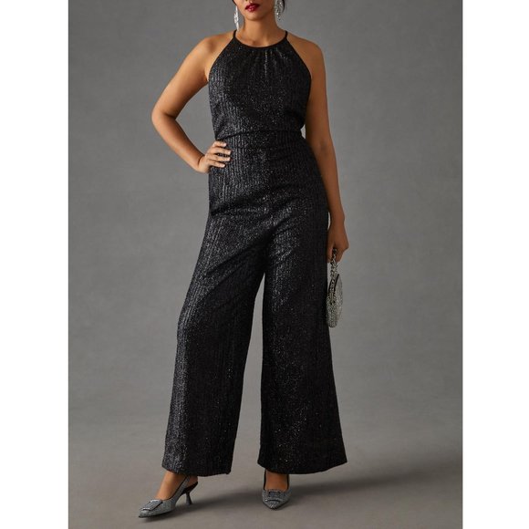 Anthropologie Maeve Sequin Disco Jumpsuit Black - Size 12 - Picture 2 of 15